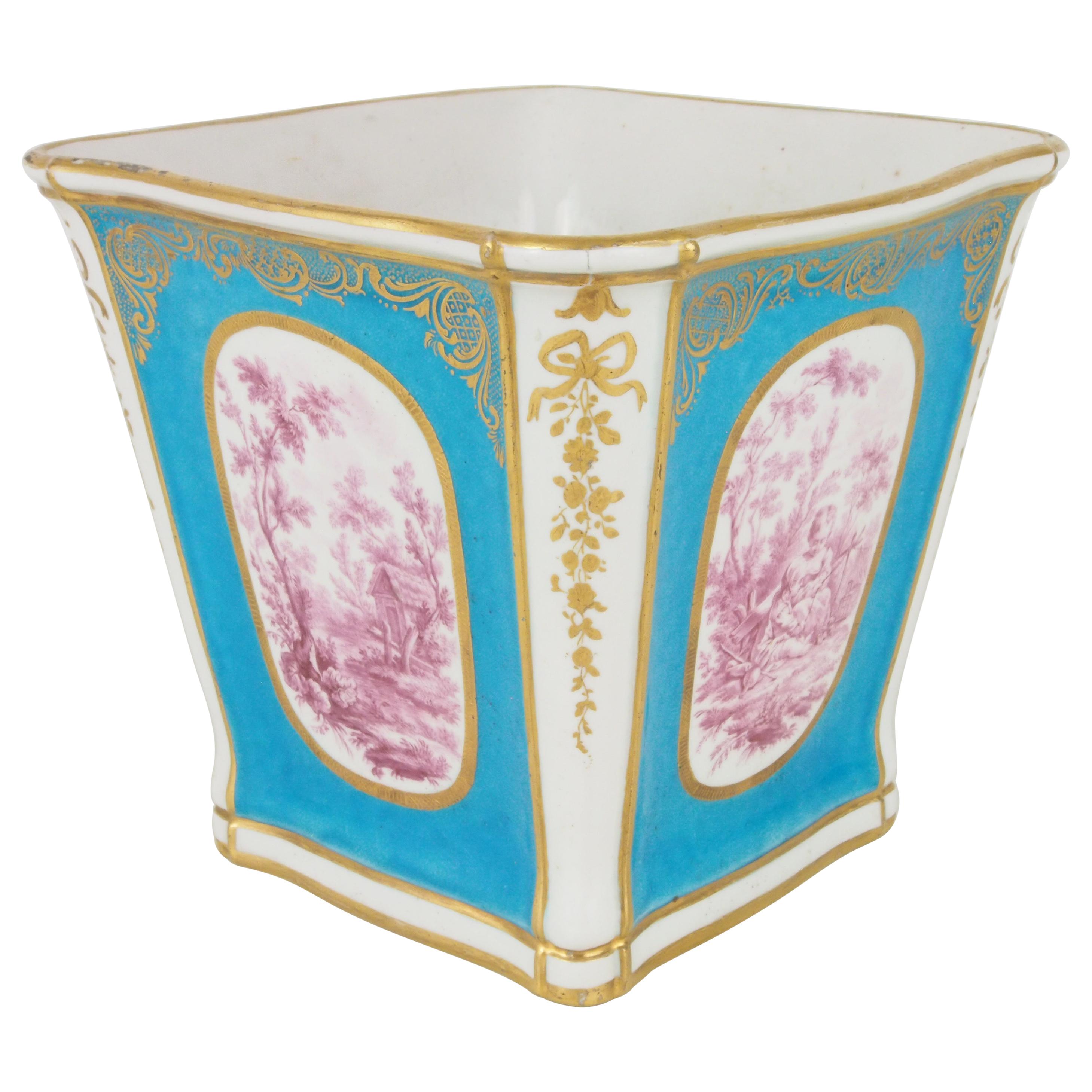 Antique Porcelain Cache Pot in Sevres Celestial Blue Style For Sale