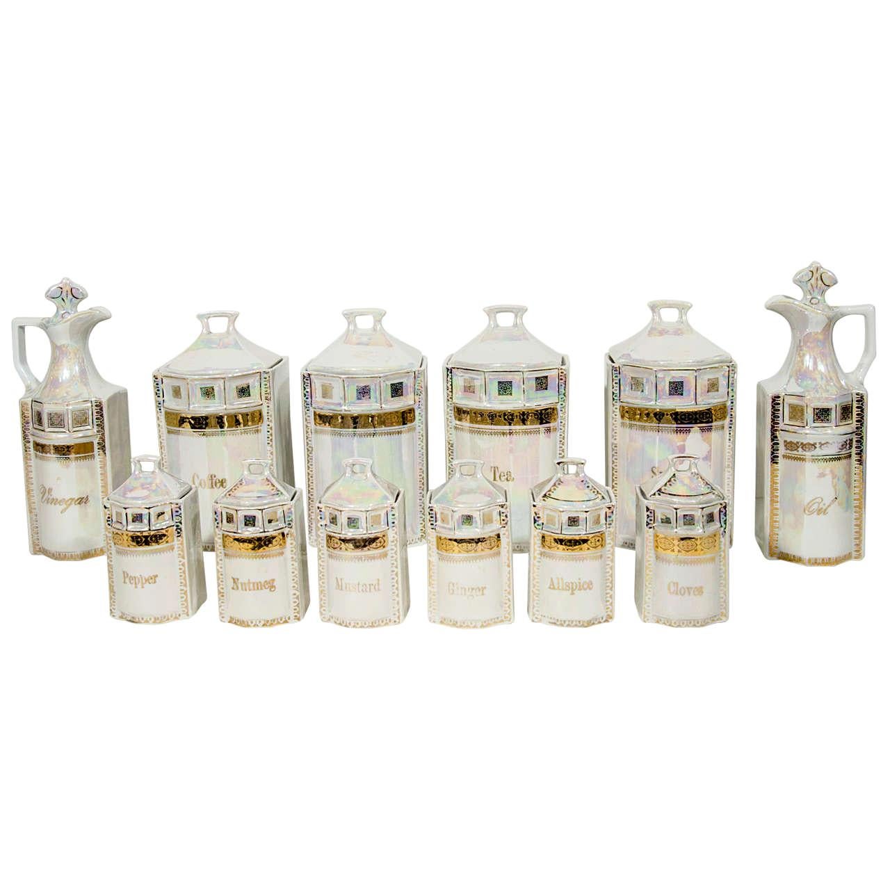 Antique Porcelain Canister Storage Jars and Spice Set 12 Pc., Germany circa 1900 For Sale