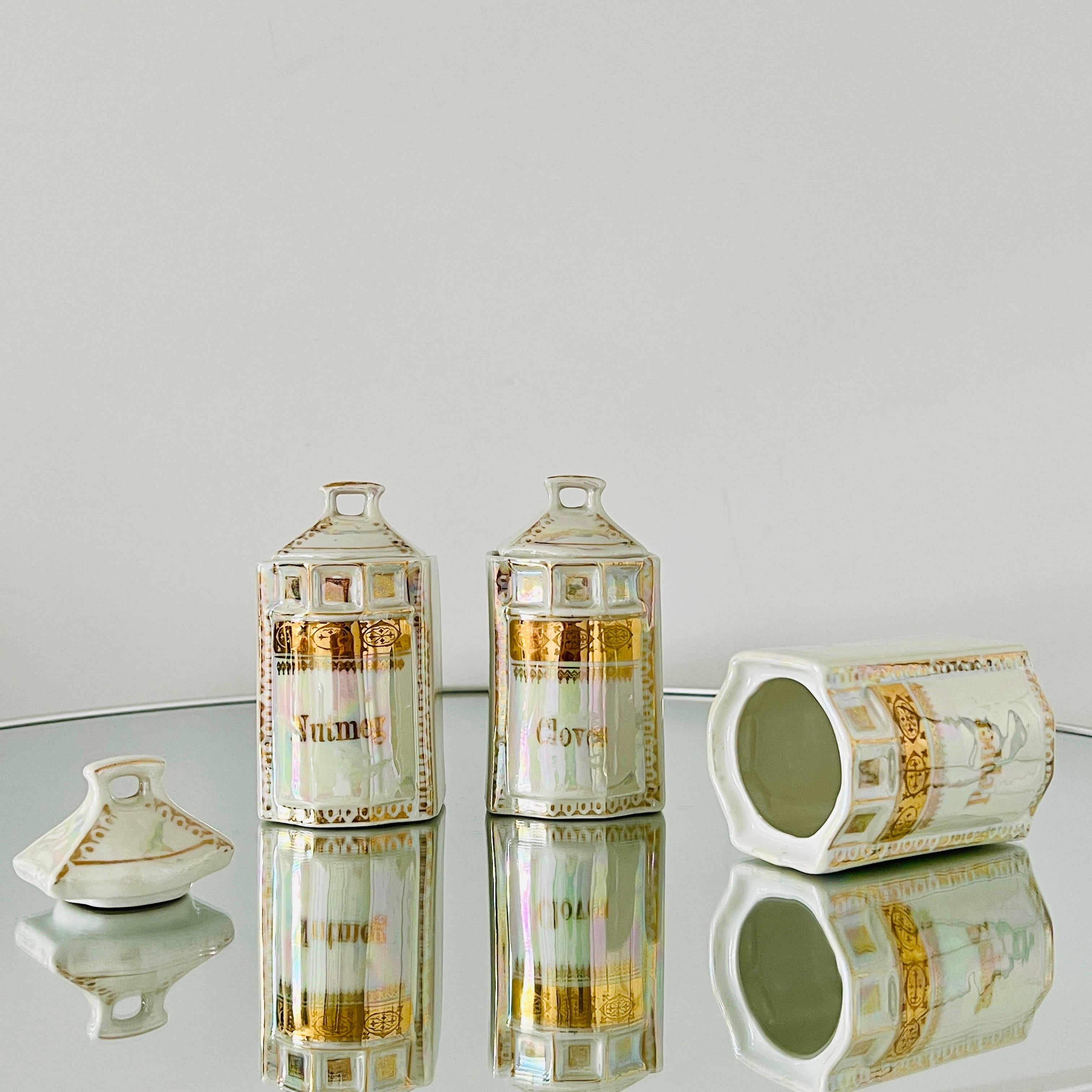 Gold Antique Porcelain Canister Storage Jars and Spice Set / 13, Germany c. 1900 For Sale