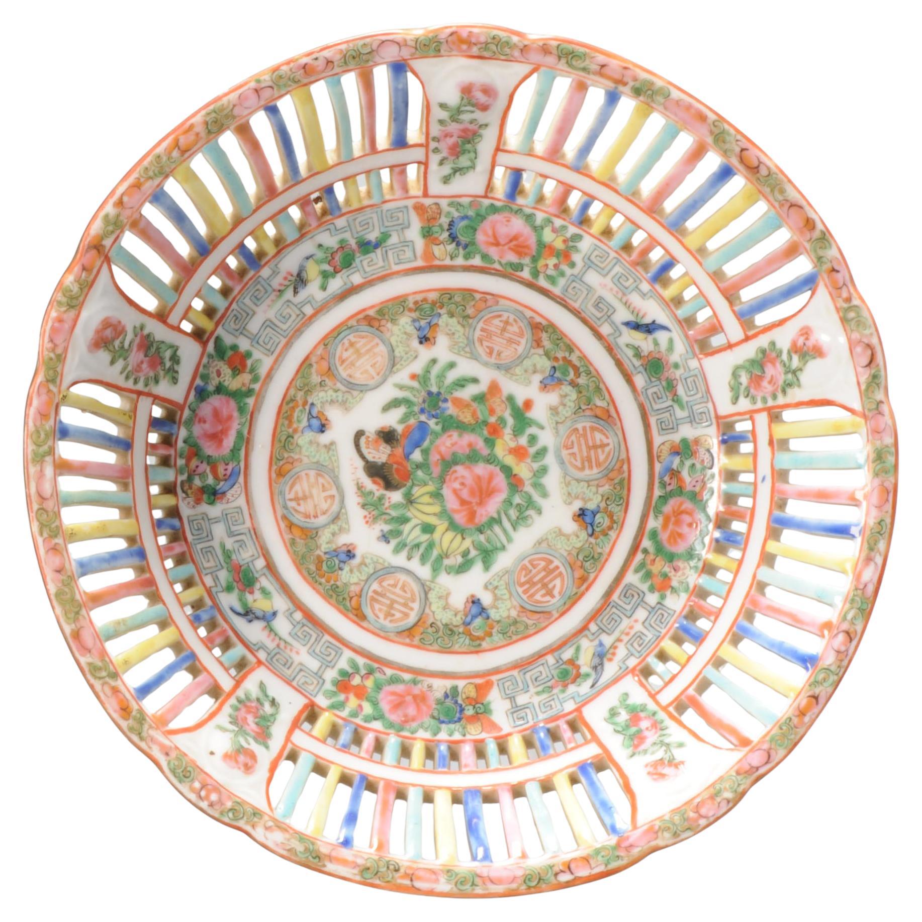 Antique Porcelain Cantonese Basket Pierced Birds Butterflies Flowers, 19th C.