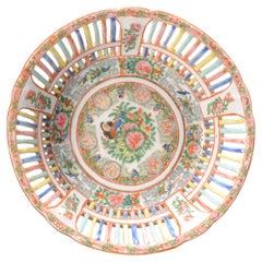 Antique Porcelain Cantonese Basket Pierced Birds Butterflies Flowers, 19th C.