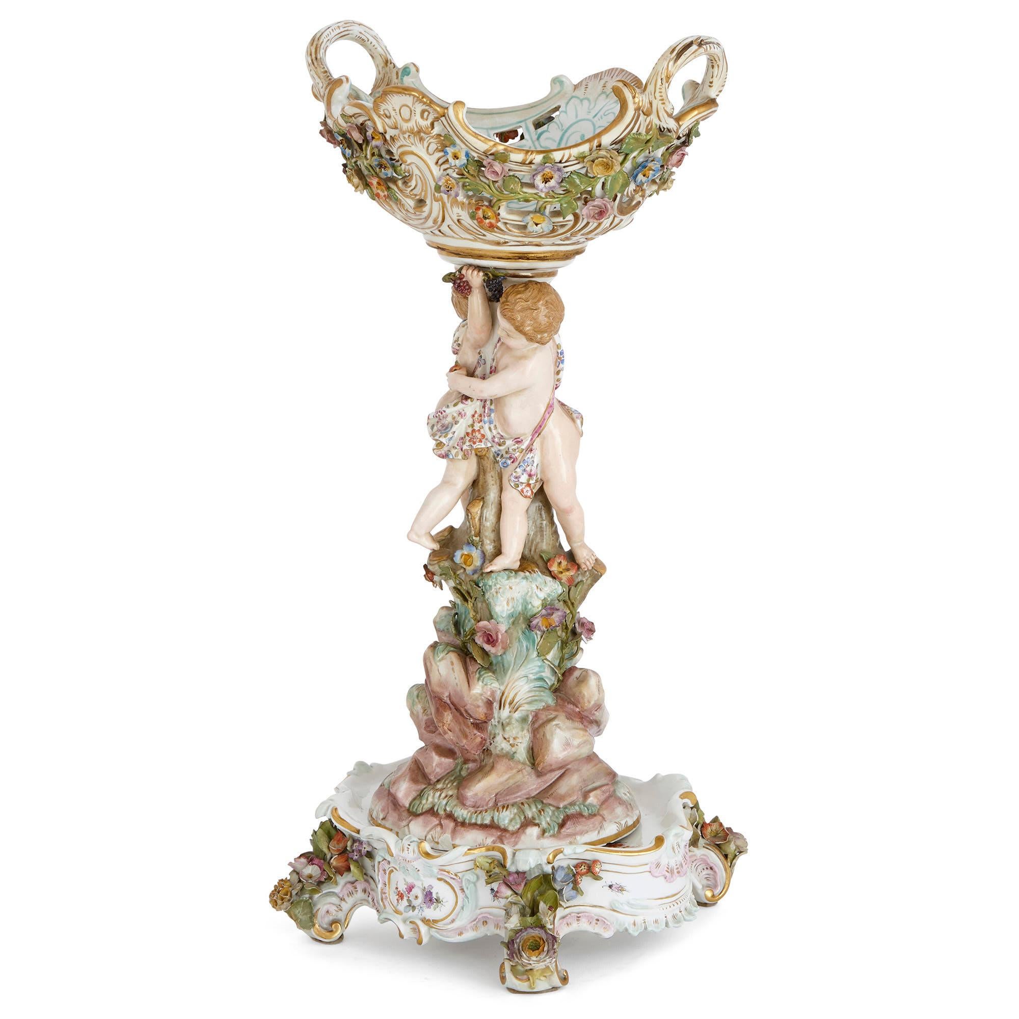 This delightful centrepiece was crafted by the Meissen Porcelain Manufactory. Established in Germany in the early 18th century, Meissen was the first factory to produce true porcelain wares in Europe. The company specialized in the production of