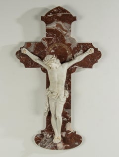 Antique Porcelain Corpus Christi on Red Marble Cross