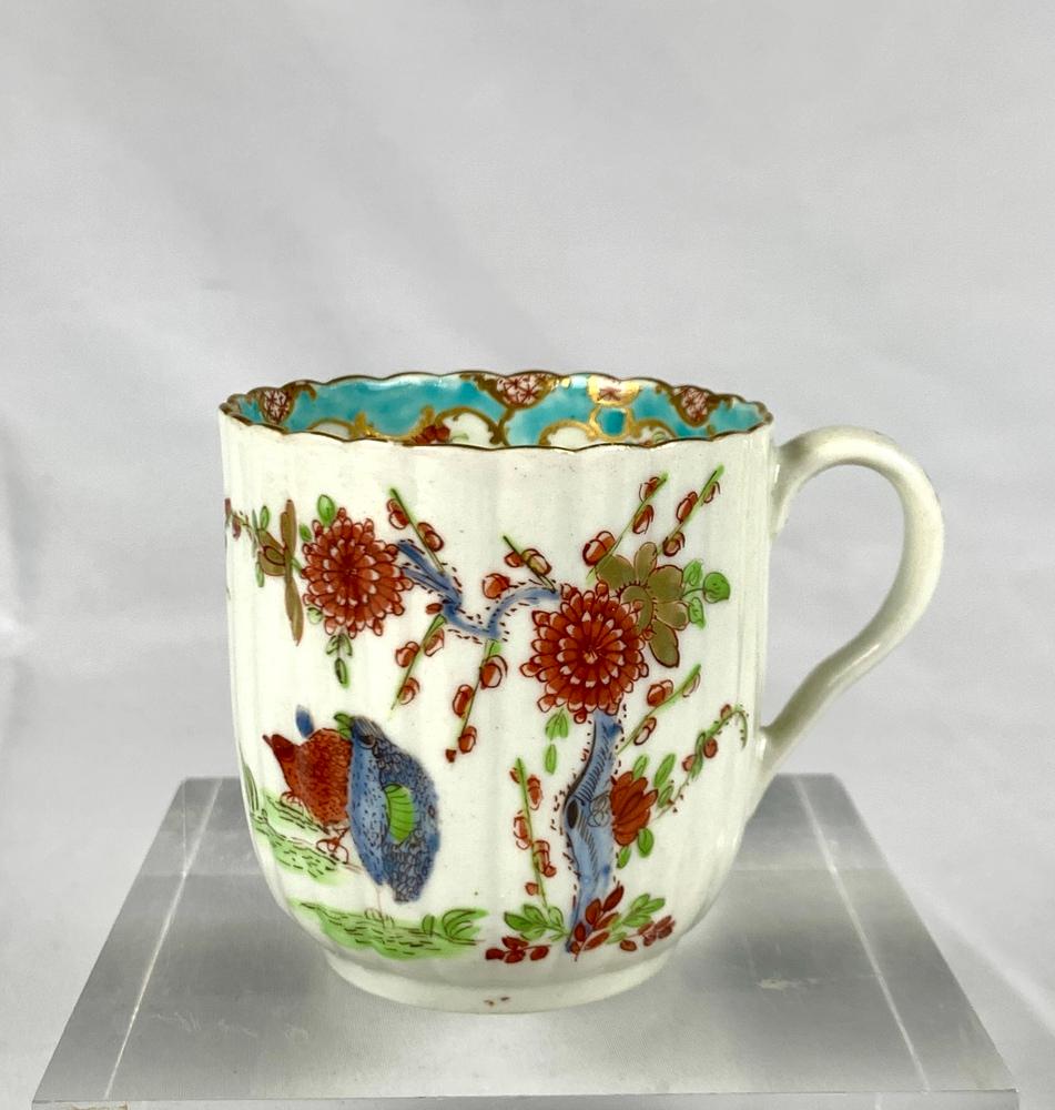 Antigua Taza y Platillo de Porcelana de la Primera Época de Worcester Patrón de Dos Codornices C- 1770 en venta 2
