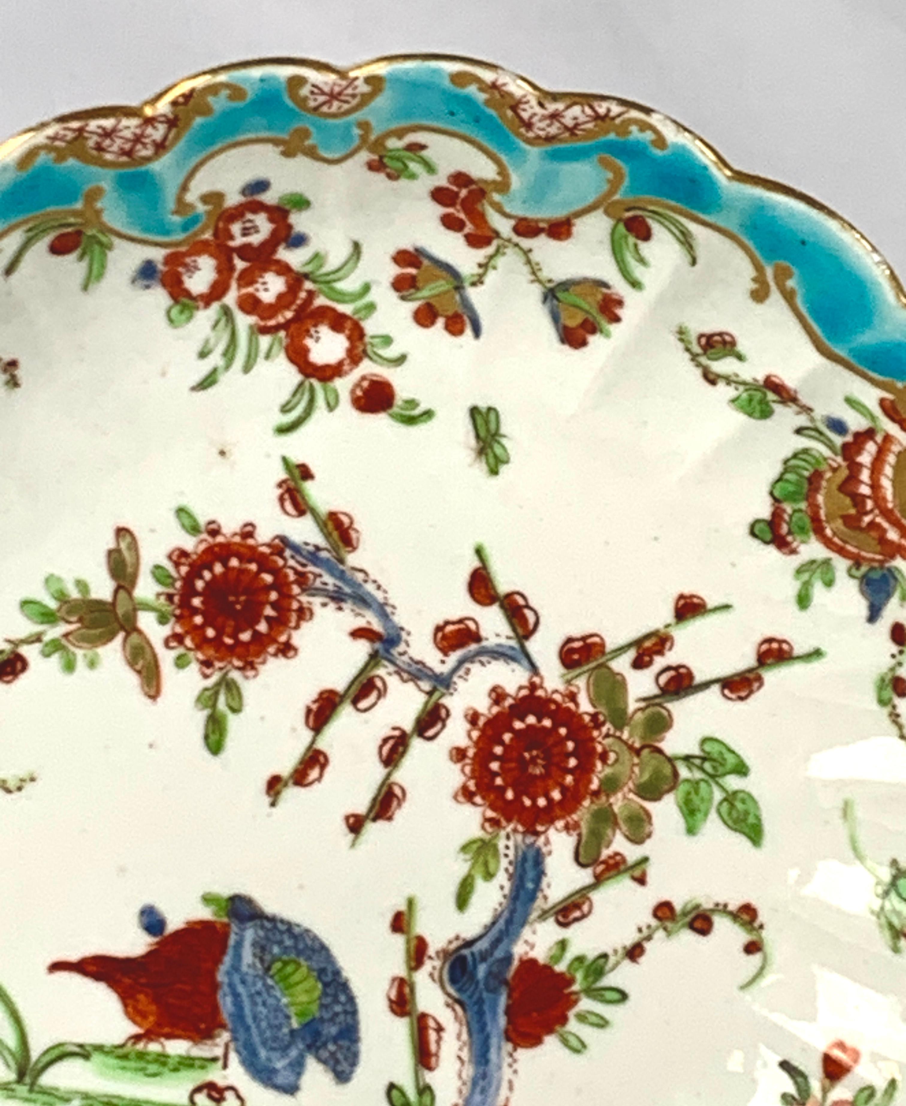 Antigua Taza y Platillo de Porcelana de la Primera Época de Worcester Patrón de Dos Codornices C- 1770 Dorado en venta