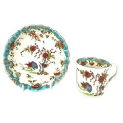 Antigua Taza y Platillo de Porcelana de la Primera Época de Worcester Patrón de Dos Codornices C- 1770