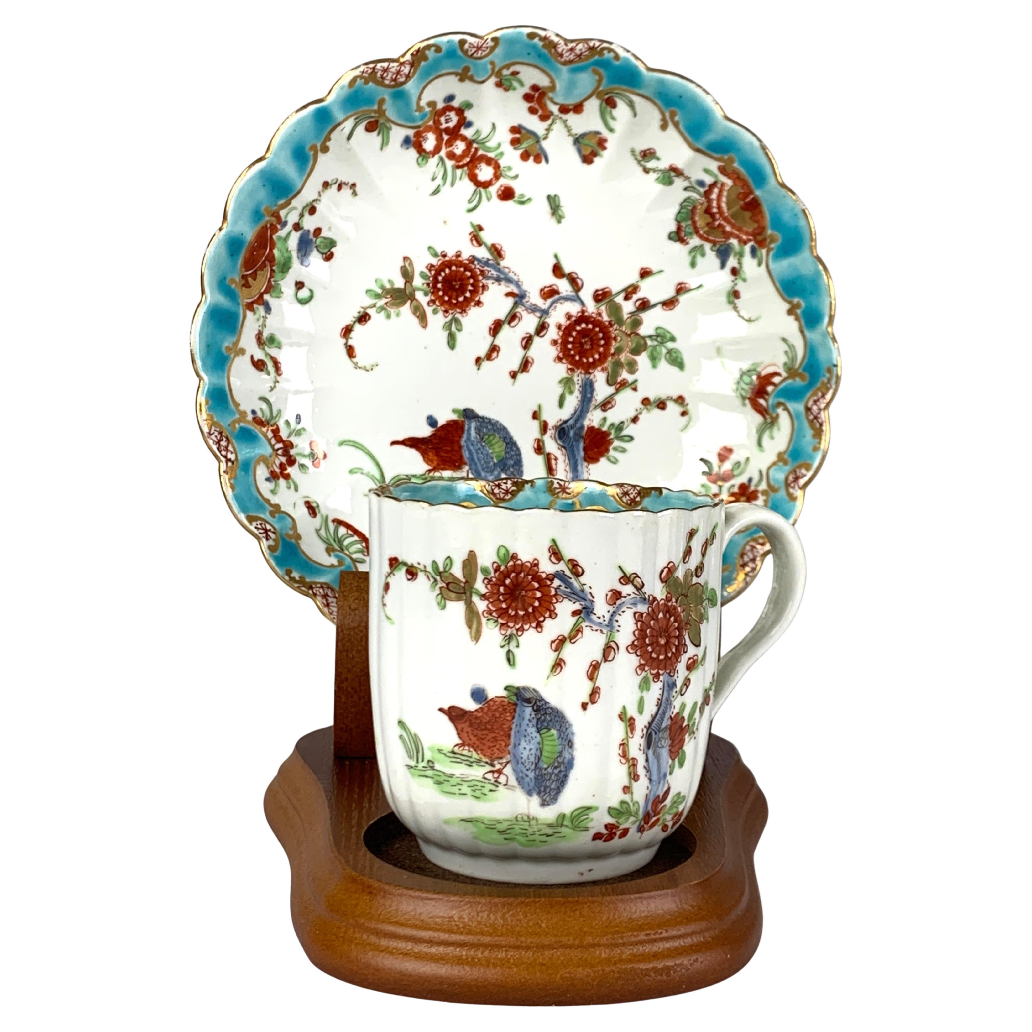 Antique Porcelain Cup 
Saucer First Period Worcester Two Quail Pattern C- 1770 For Sale