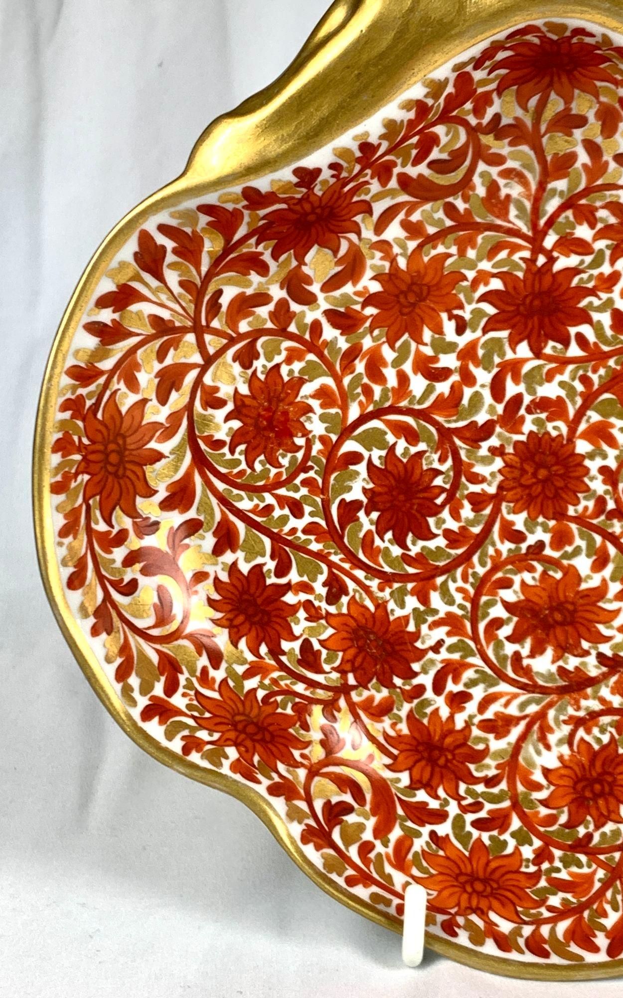 English Antique Porcelain Dish in Red Chrysanthemum Pattern Coalport England Circa 1815