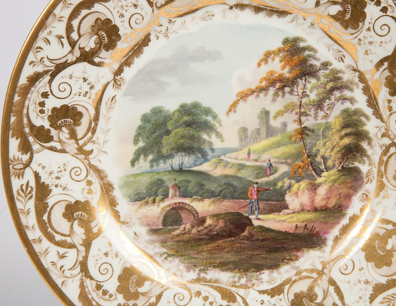 English Antique Porcelain Dishes with Hand-Painted Landscape Scenes
