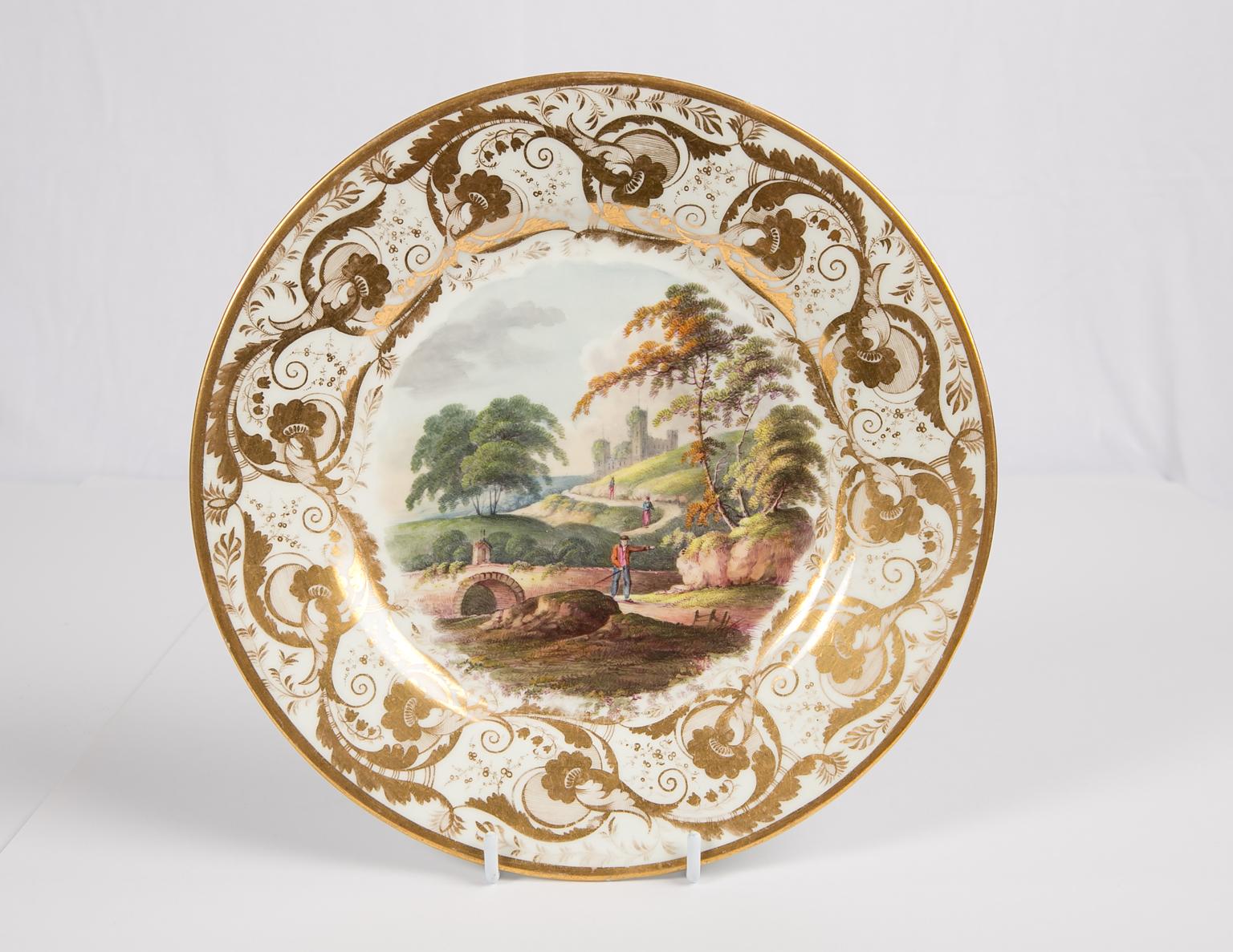 Antique Porcelain Dishes with Hand-Painted Landscape Scenes In Excellent Condition In Katonah, NY