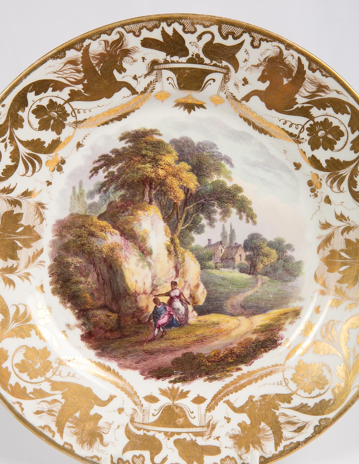 19th Century Antique Porcelain Dishes with Hand-Painted Landscape Scenes