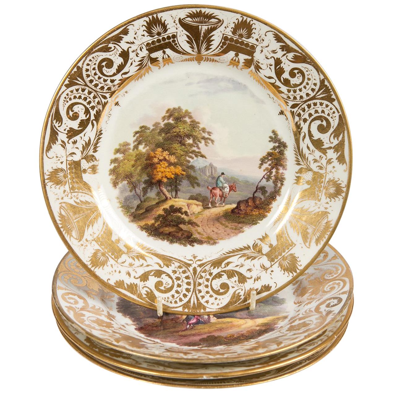Antique Porcelain Dishes with Hand-Painted Landscape Scenes