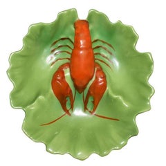 Antique Porcelain Divided Lobster Dish in Green and Red, Victoria Austria