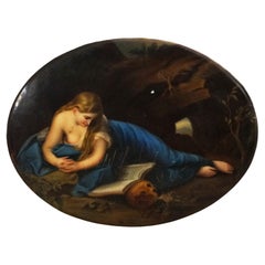 Placa antigua de porcelana con retrato de mujer clásica, firmada C1890