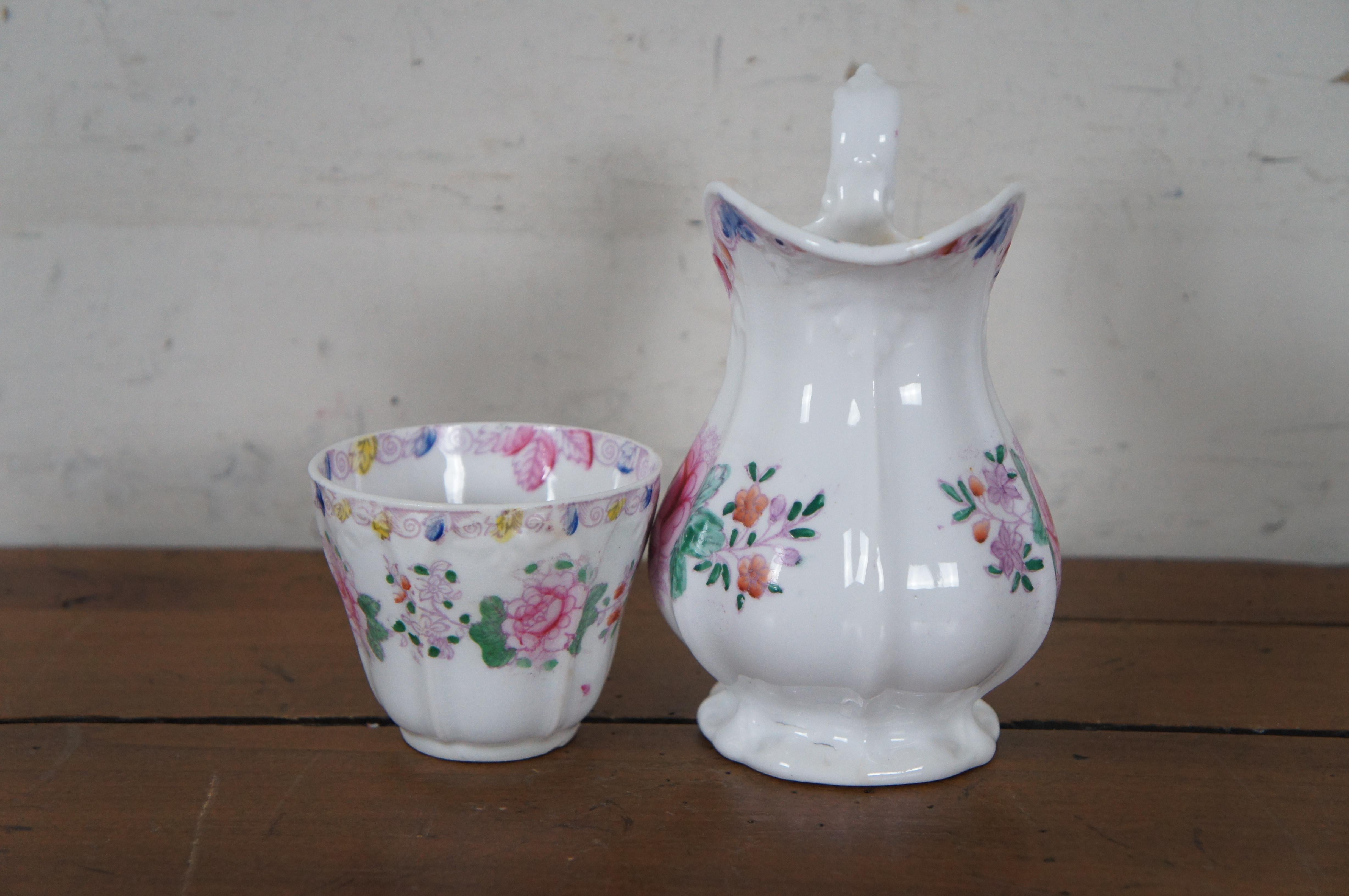 20th Century Antique Porcelain Floral Bird Tea Coffee Creamer Pitcher & Cup For Sale