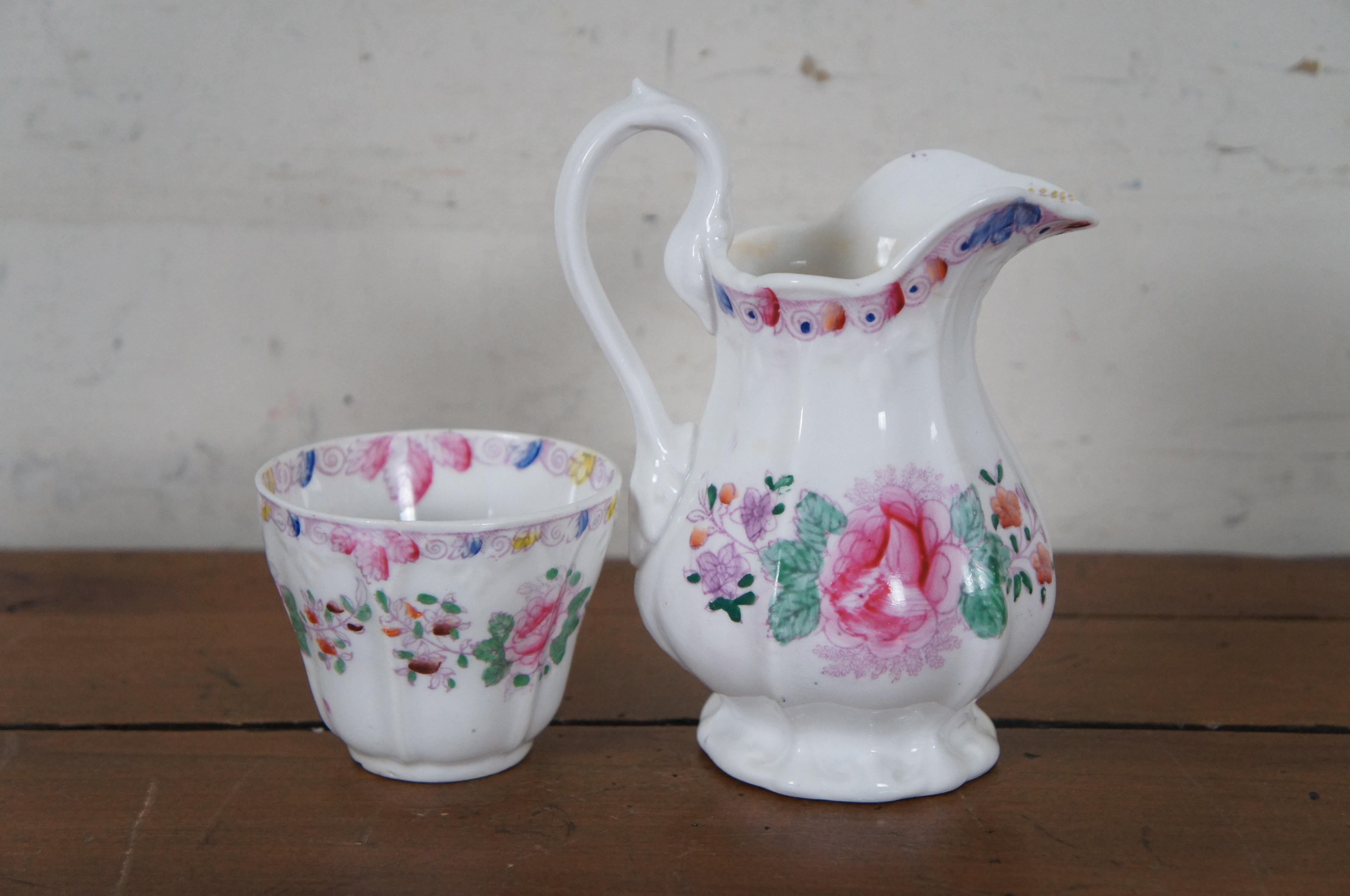 Antique Porcelain Floral Bird Tea Coffee Creamer Pitcher & Cup For Sale 1