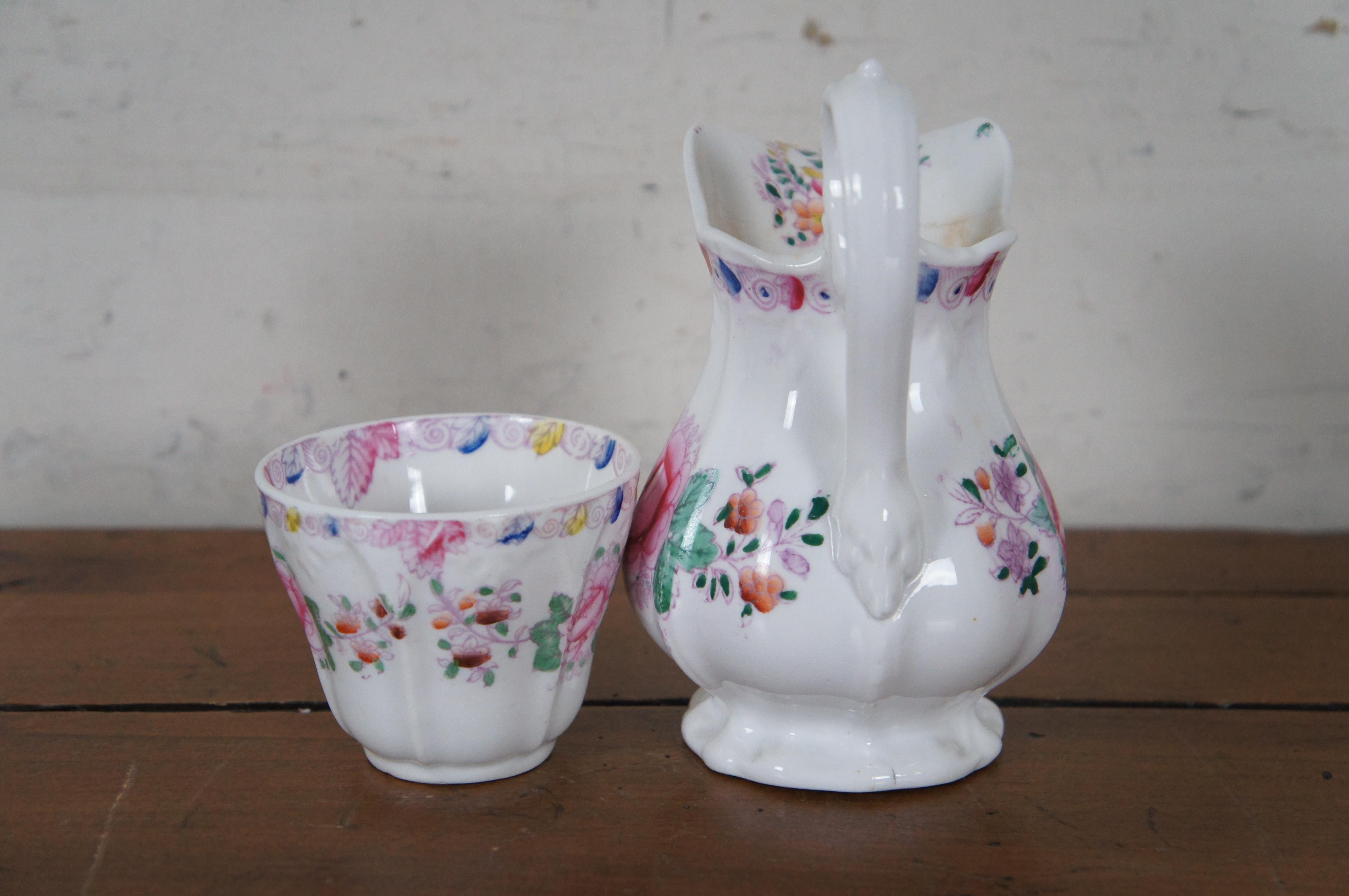 Antique Porcelain Floral Bird Tea Coffee Creamer Pitcher & Cup For Sale 2