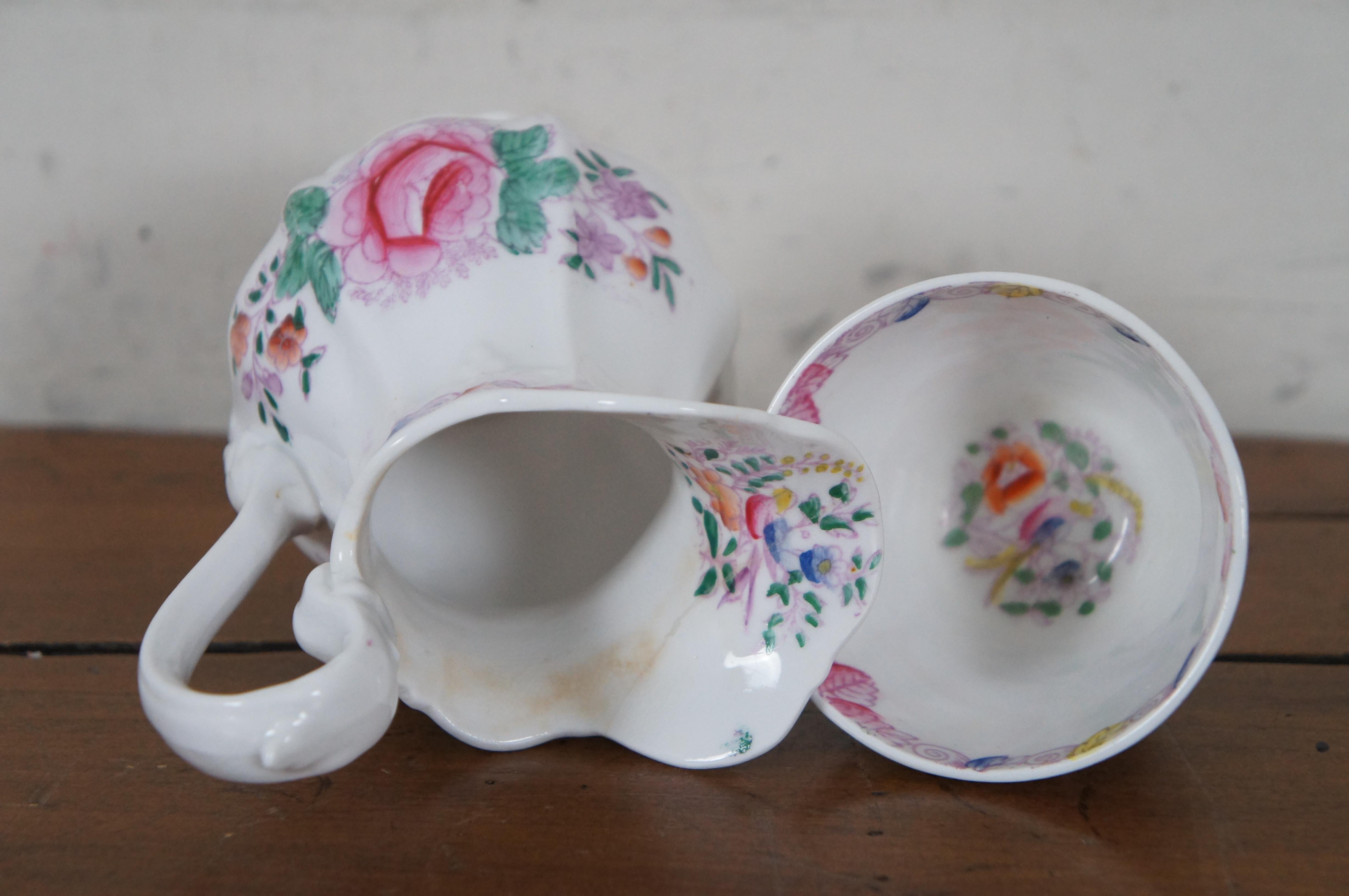 Antique Porcelain Floral Bird Tea Coffee Creamer Pitcher & Cup For Sale 3