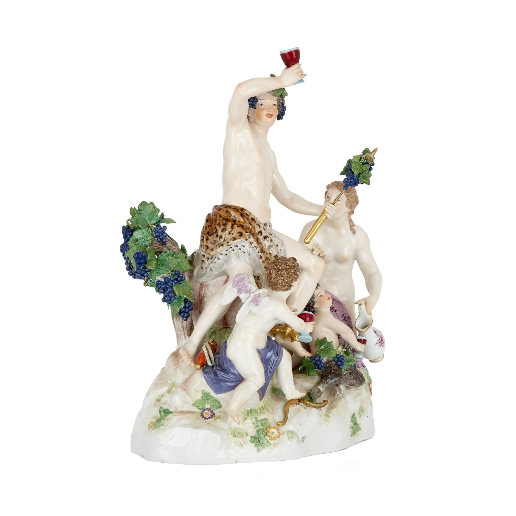 This piece is a superb example of the work of the Meissen porcelain manufactory. Modelled by E. A. Leuteritz in the 19th century based upon earlier models, it is a group piece, showing the God Bacchus attended by a small band of fellow revellers.