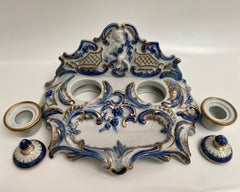 Antiguo Tintero de Porcelana Francia Principios 1900 Relieve Acentos Dorados Pintado a Mano