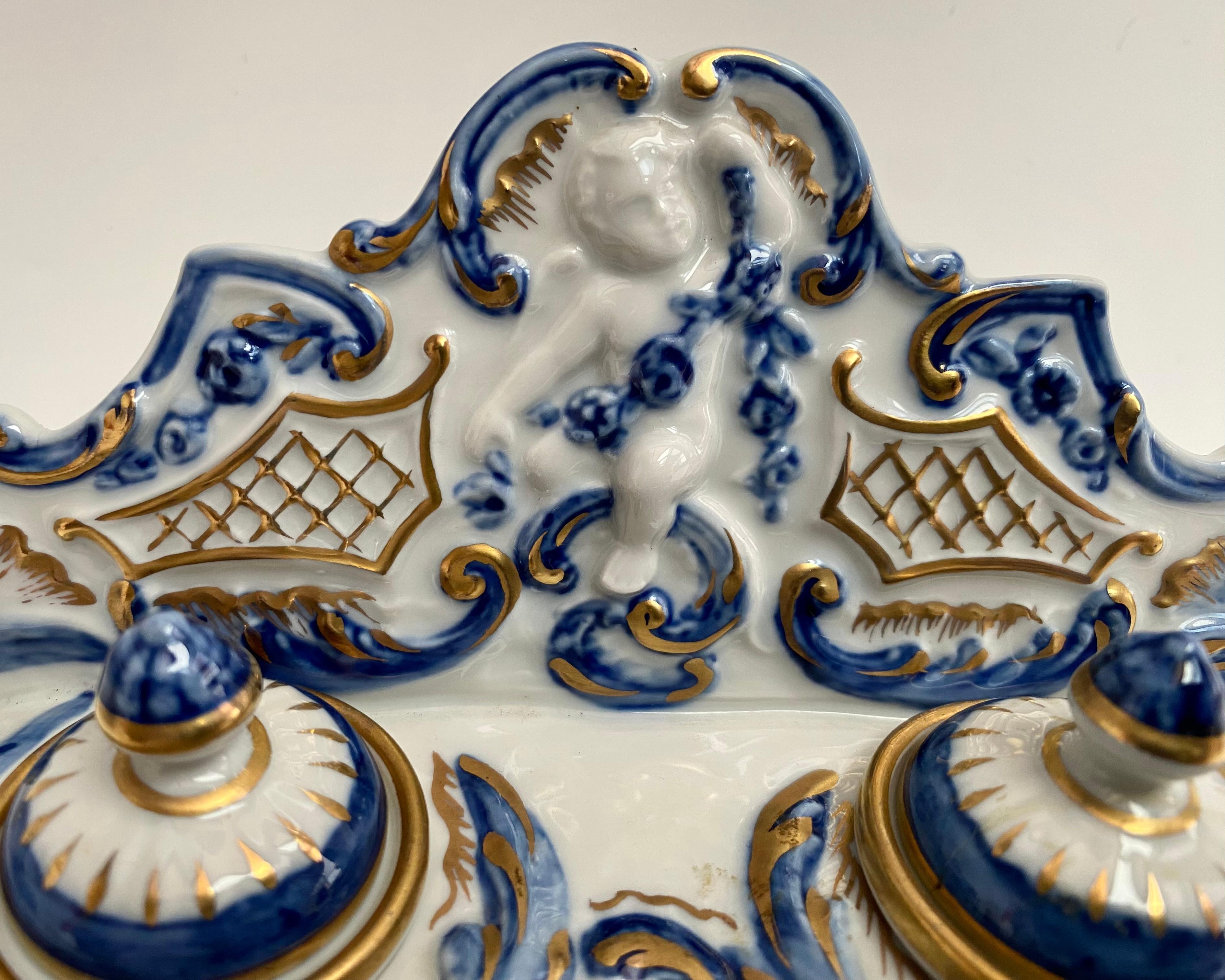 French Antique Porcelain Inkwell France Early 1900s Embossed Gold Accents Hand-Painted For Sale