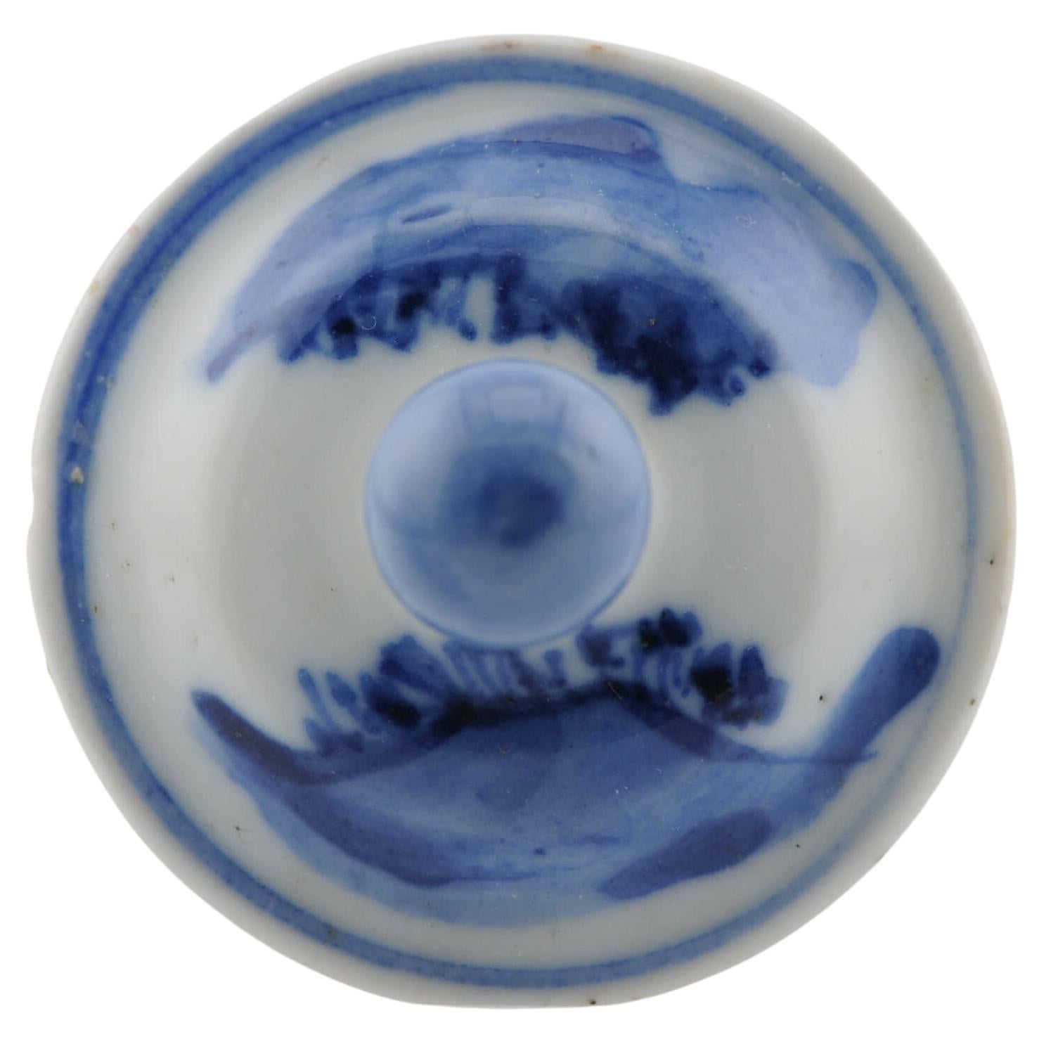 Antigua Tapa de Porcelana Azul y Blanca Paisaje Chino Periodo Qing