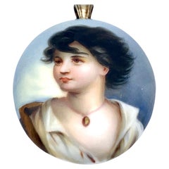 Antique Porcelain Locket Pendant Young Girl Wearing A Pendant Printed Porcelain