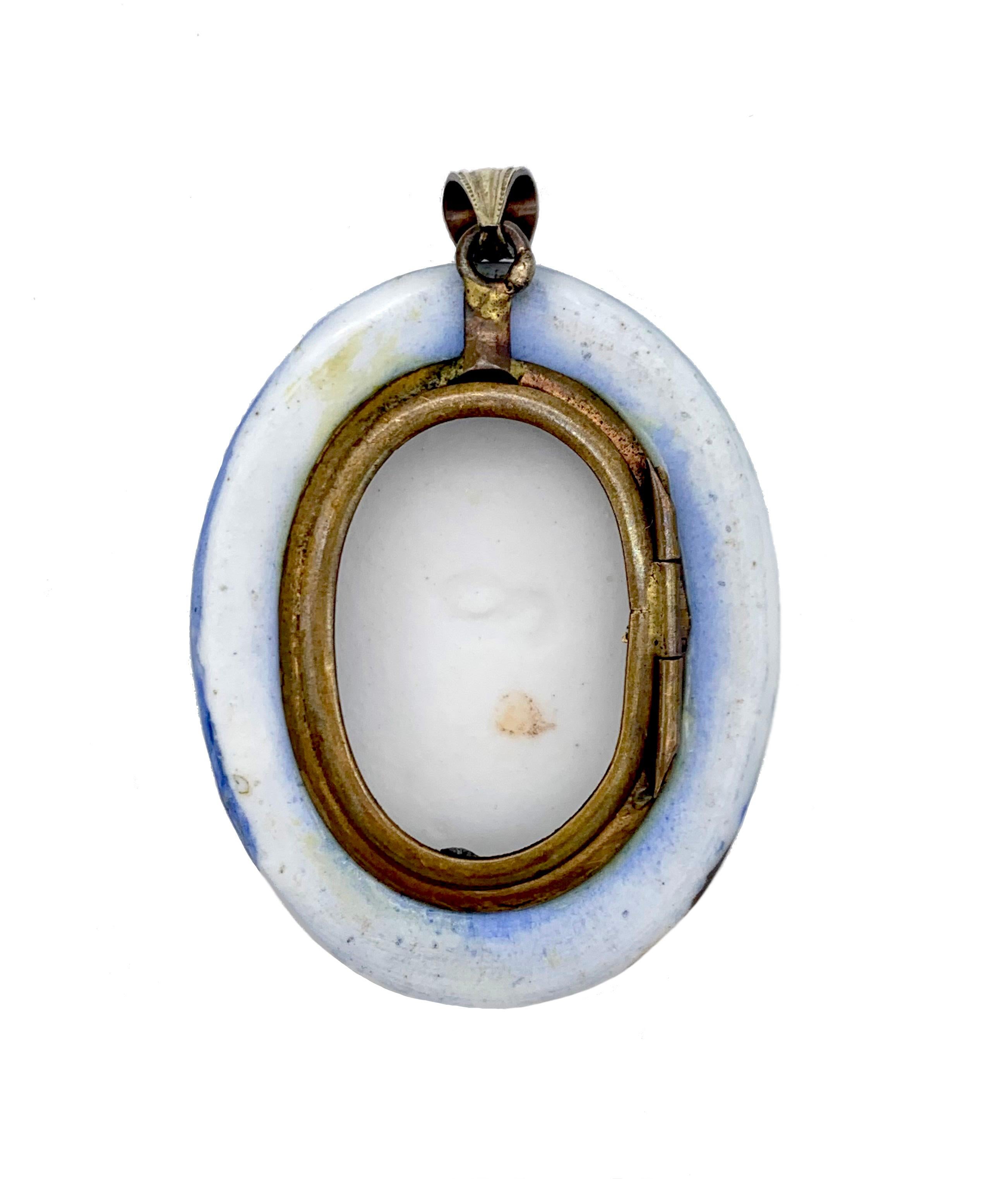 Victorian Antique Porcelain Locket Pendant Young Girl Wearing A Pendant Printed Porcelain For Sale