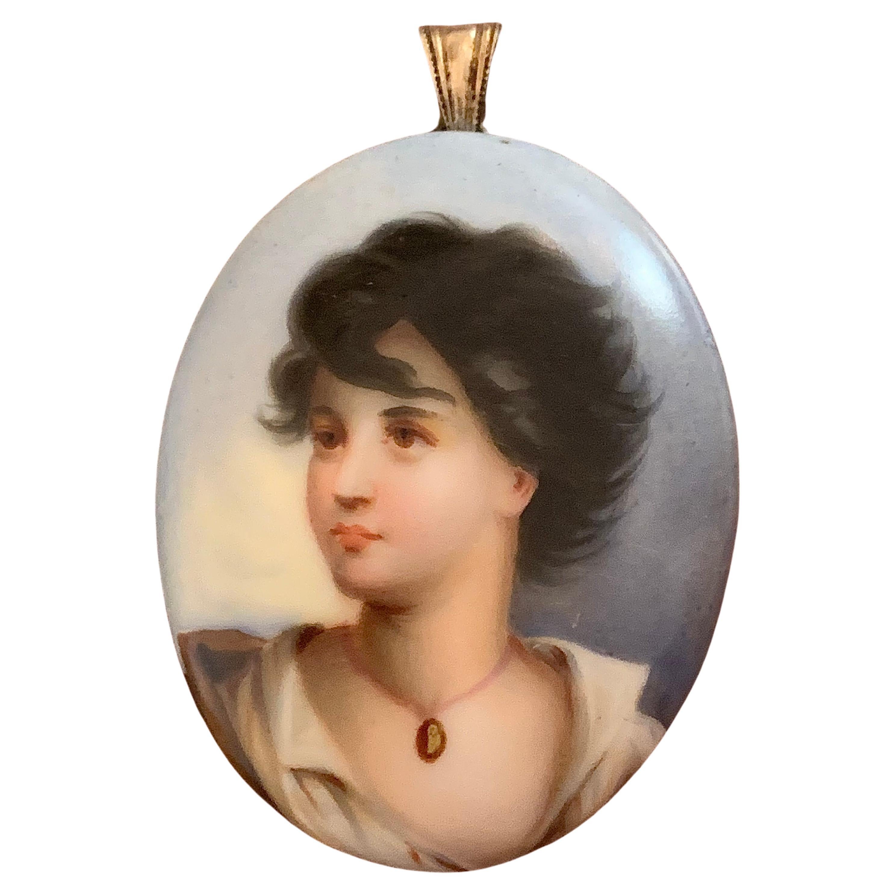 Antique Porcelain Locket Pendant Young Girl Wearing A Pendant Printed Porcelain For Sale