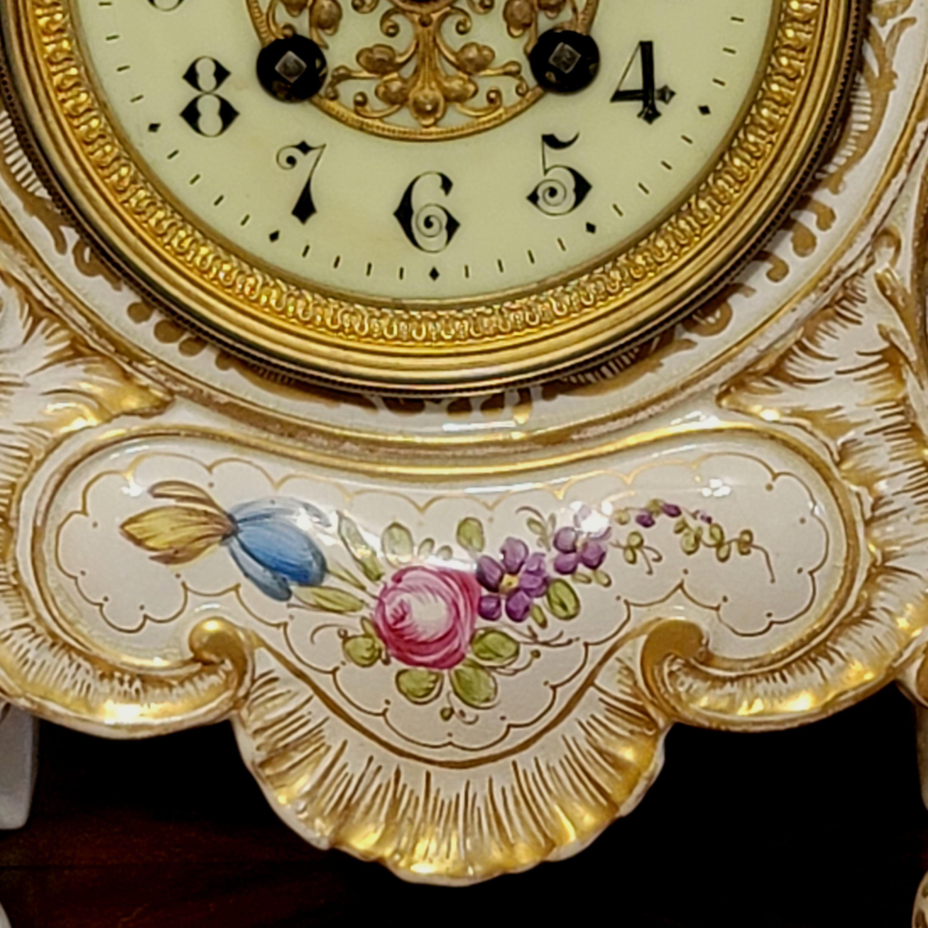 Brass Antique Porcelain Mantle Shelf Clock Bailey Banks, 19th Century For Sale