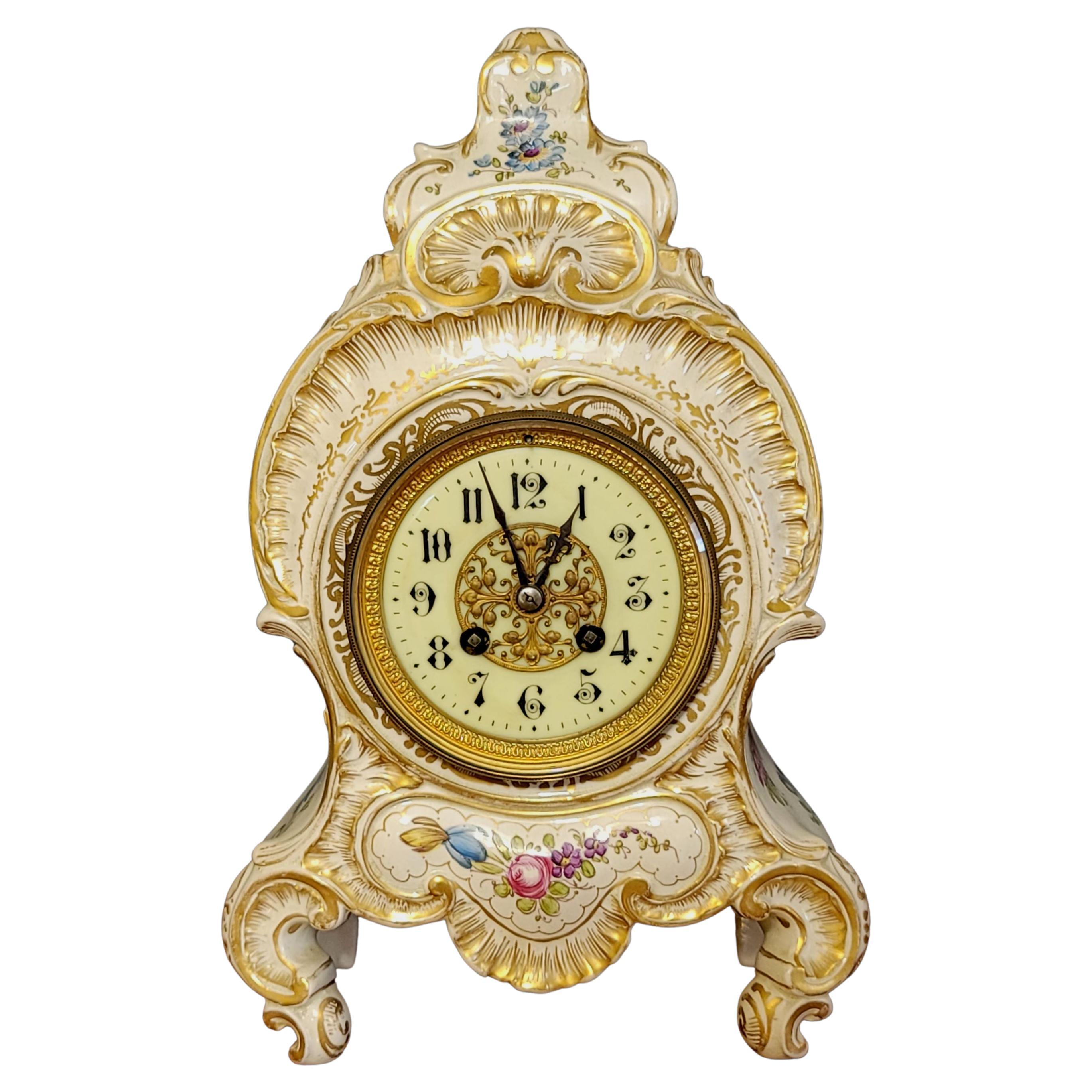 Antique Porcelain Mantle Shelf Clock Bailey Banks, 19th Century For Sale