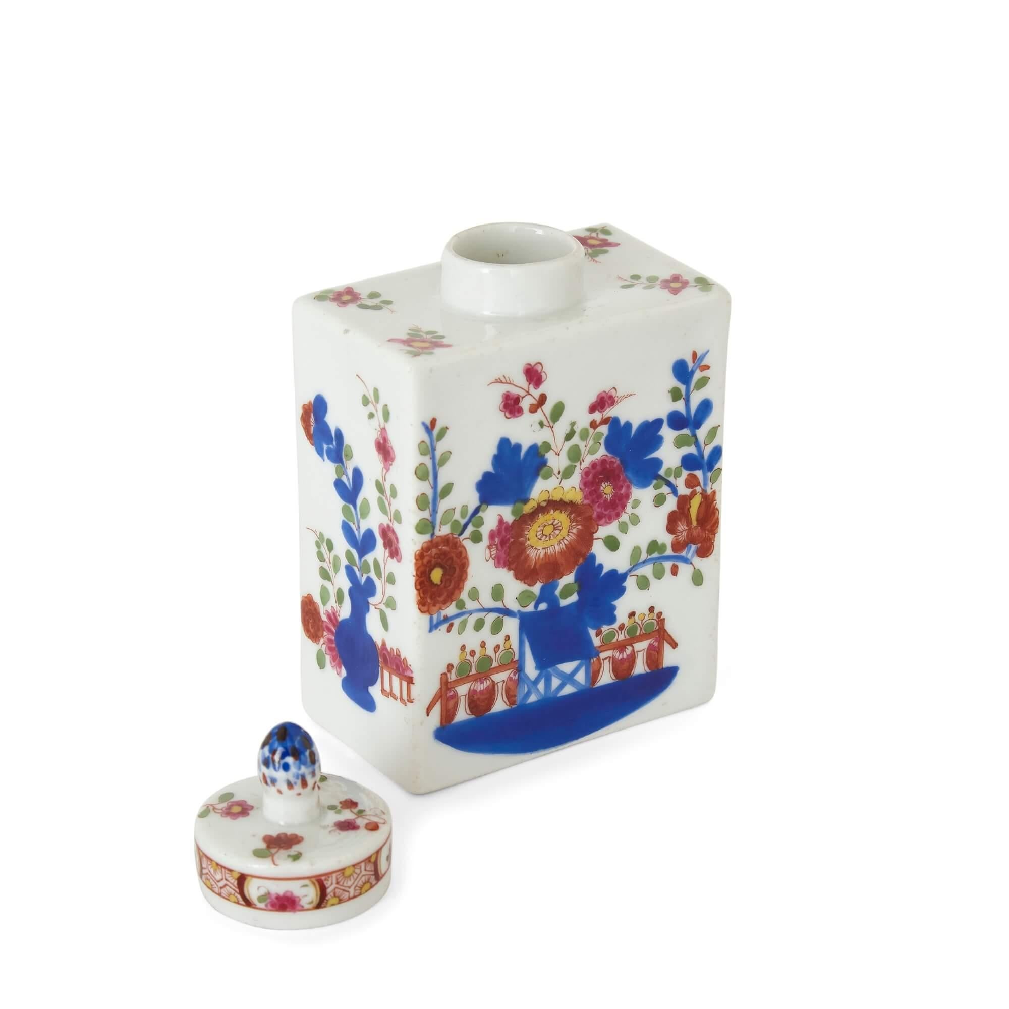 Painted Antique porcelain miniature floral tea caddy For Sale