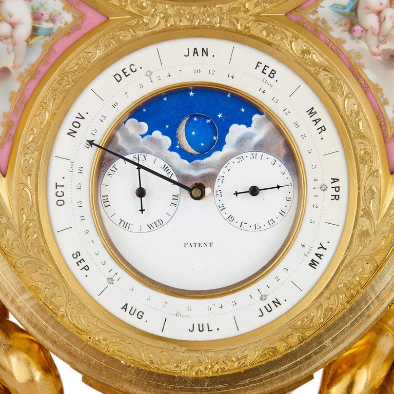 Antique Porcelain Mounted Gilt Bronze Calendar Clock For Sale at 1stDibs