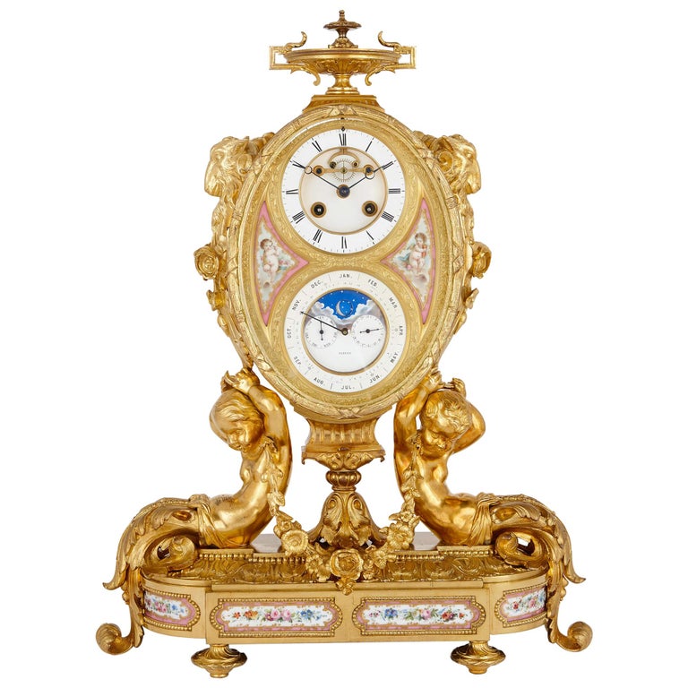 Antique Porcelain Mounted Gilt Bronze Calendar Clock For Sale at 1stDibs