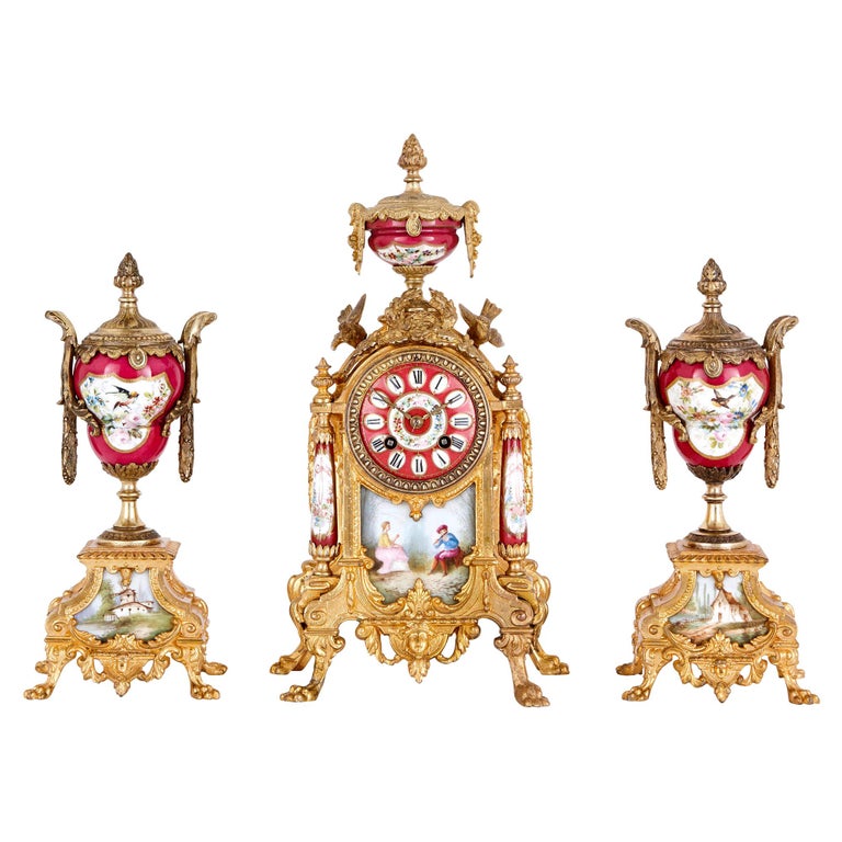 Antique Porcelain Mounted Gilt Metal Clock Set For Sale at 1stDibs