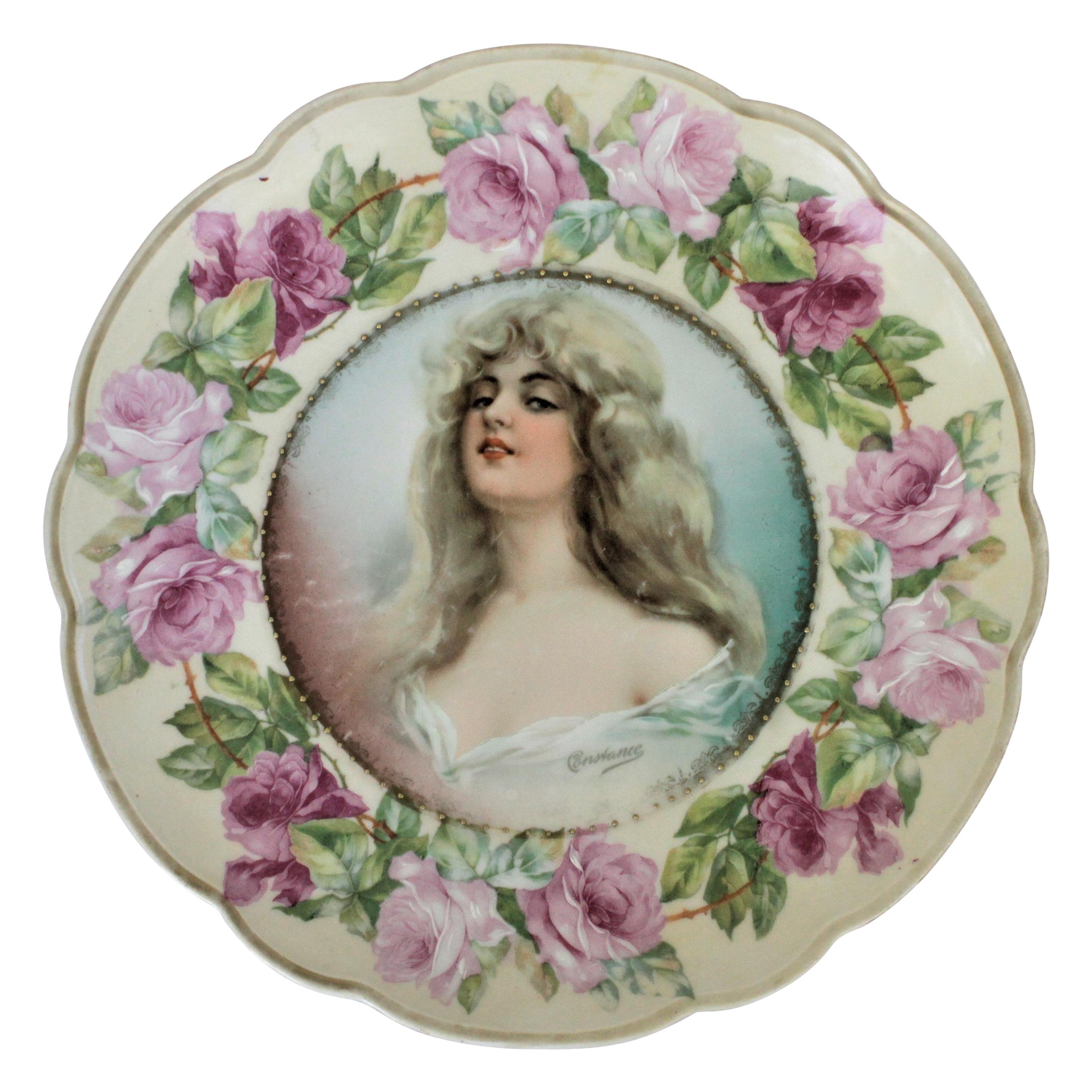 Antique Porcelain MZ Austria Portrait or Cabinet Plate signed "Constance" For Sale