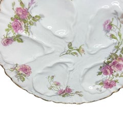 Antique Porcelain Oyster Platter with Pink Roses - GDA Limoges France