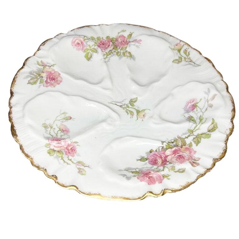 Victorian Antique Porcelain Oyster Platter with Pink Roses - GDA Limoges France For Sale