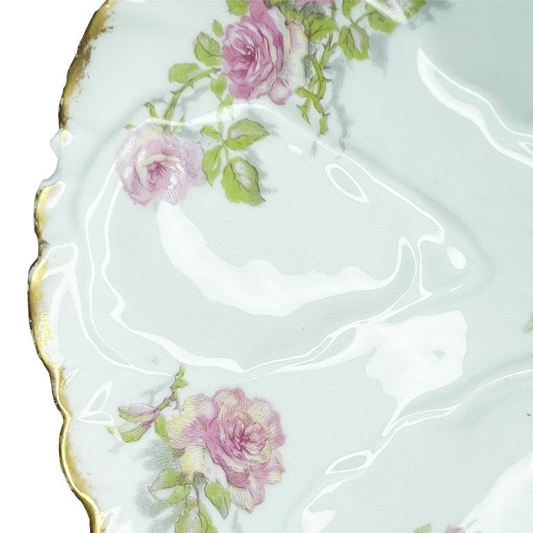 Antique Porcelain Oyster Platter with Pink Roses - GDA Limoges France In Good Condition For Sale In Oklahoma City, OK