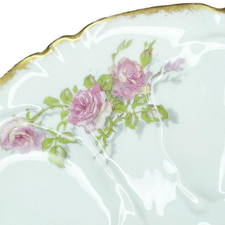 20th Century Antique Porcelain Oyster Platter with Pink Roses - GDA Limoges France For Sale