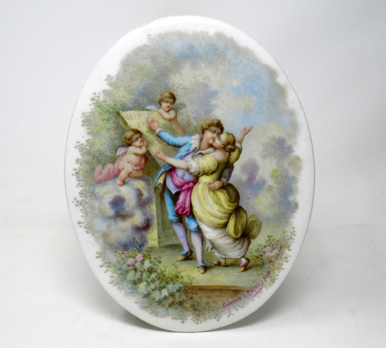 An attractive hand painted artist signed framed French soft paste porcelain Sevres style plaque of oval outline of outstanding quality, early 20th century. 

This superb piece painted in pastel colors depicts a romantic standing couple in full