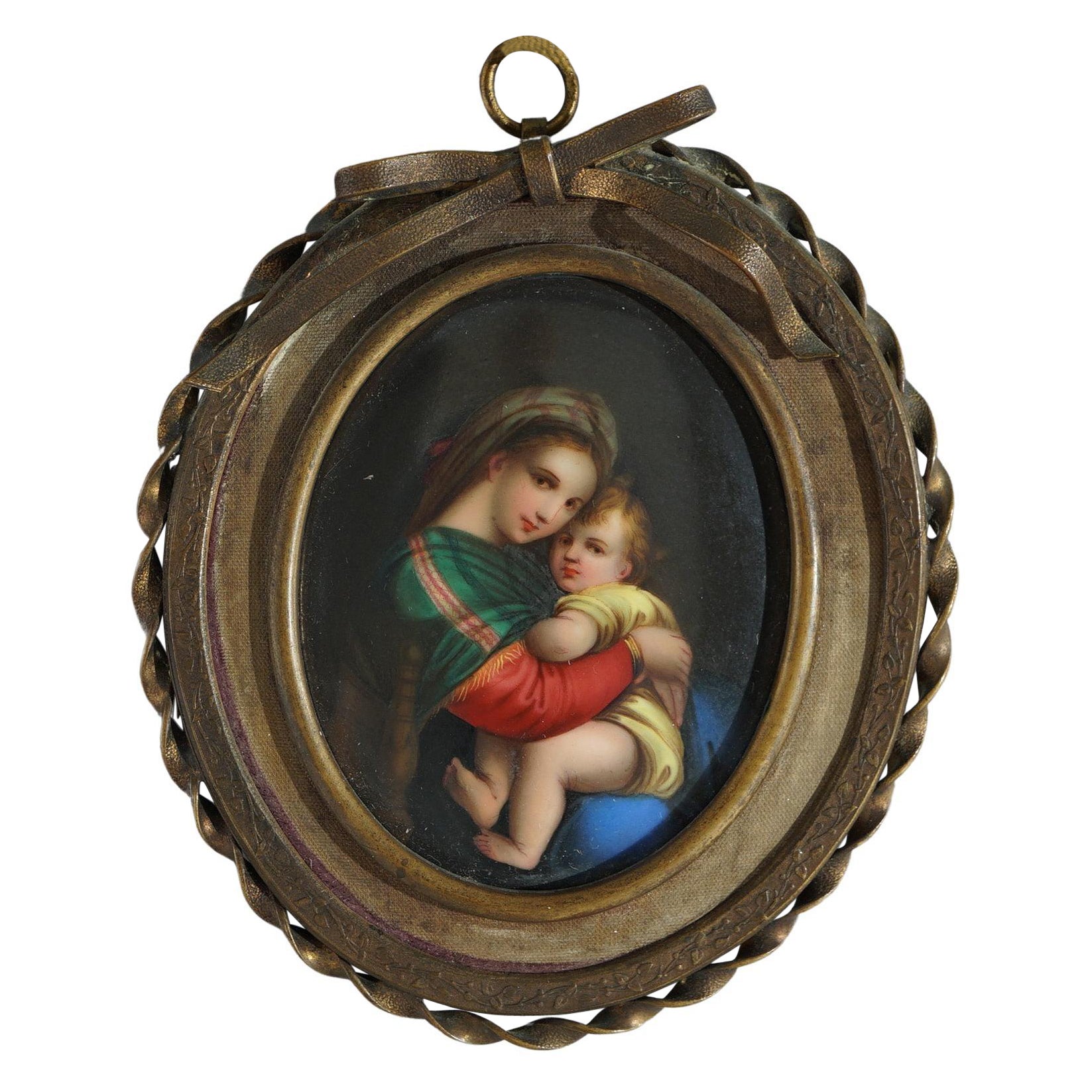 Antico quadro in porcellana con Madonna & Child di Raphael in cornice d'ottone, XIX sec.