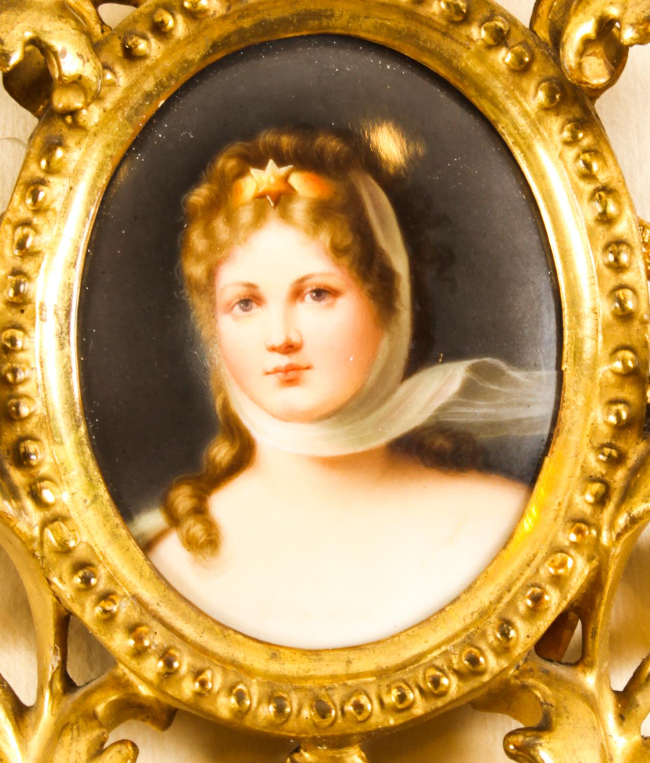 This is a magnificent and finely painted porcelain plaque, probably Berlin, finely painted with a portrait of Queen Louise of Prussia, after Gustav Richter, in a stunning gilt florentine frame.
 
The plaque is depicted in warm colours which convey