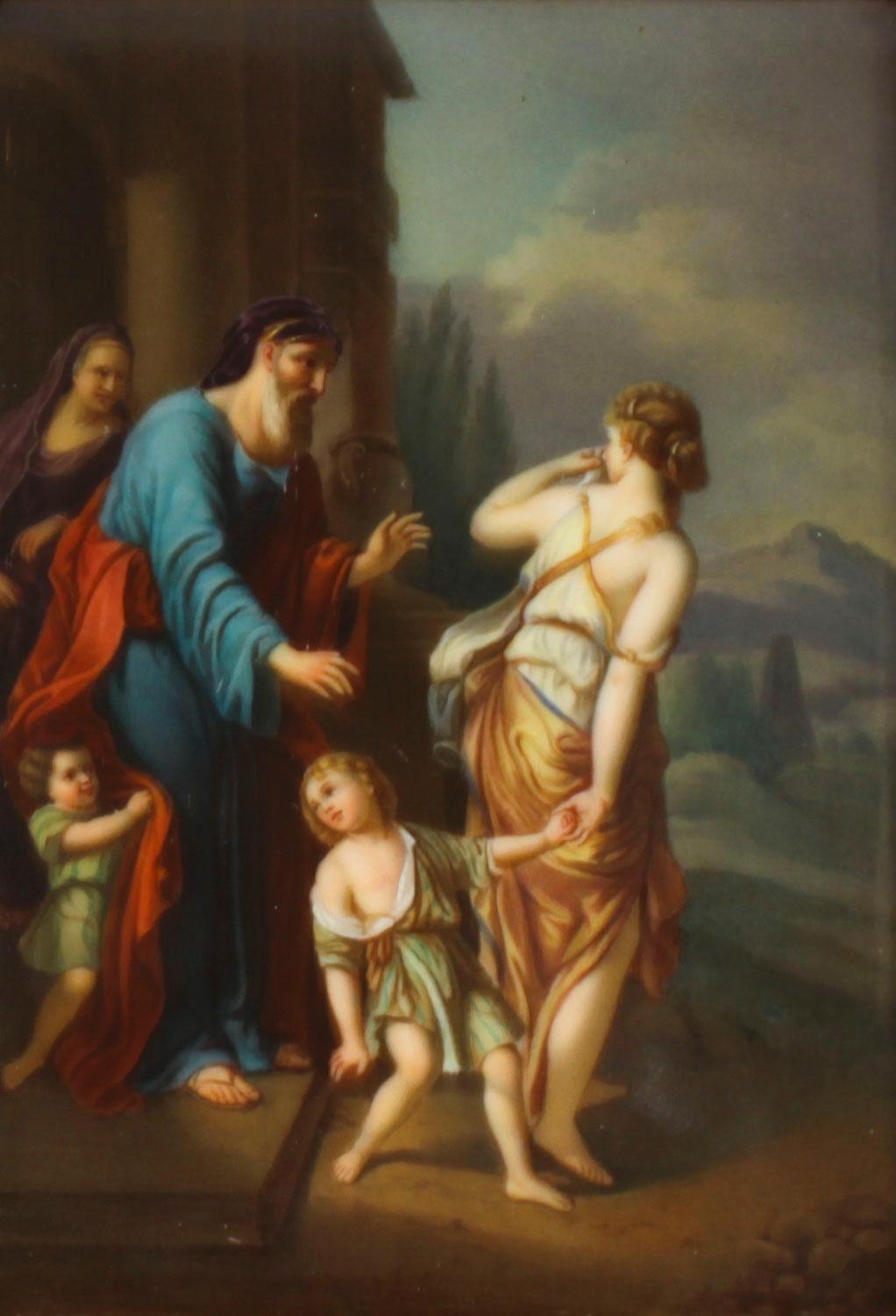 Il s'agit d'une magnifique plaque en porcelaine, probablement de Berlin, finement peinte d'un portrait d'Abraham expulsant Agar et son fils, dans un superbe cadre en bois doré.

La plaque est représentée dans des couleurs chaudes qui évoquent la