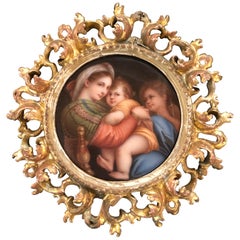 Antique Porcelain Plaque Madonna and Child in Gilt Frame