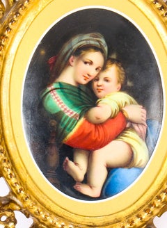Antique Porcelain Plaque "Madonna Della Sedia" Florentine Frame, 19th Century