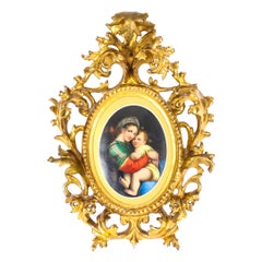 Antique Porcelain Plaque "Madonna Della Sedia" Florentine Frame, 19th Century