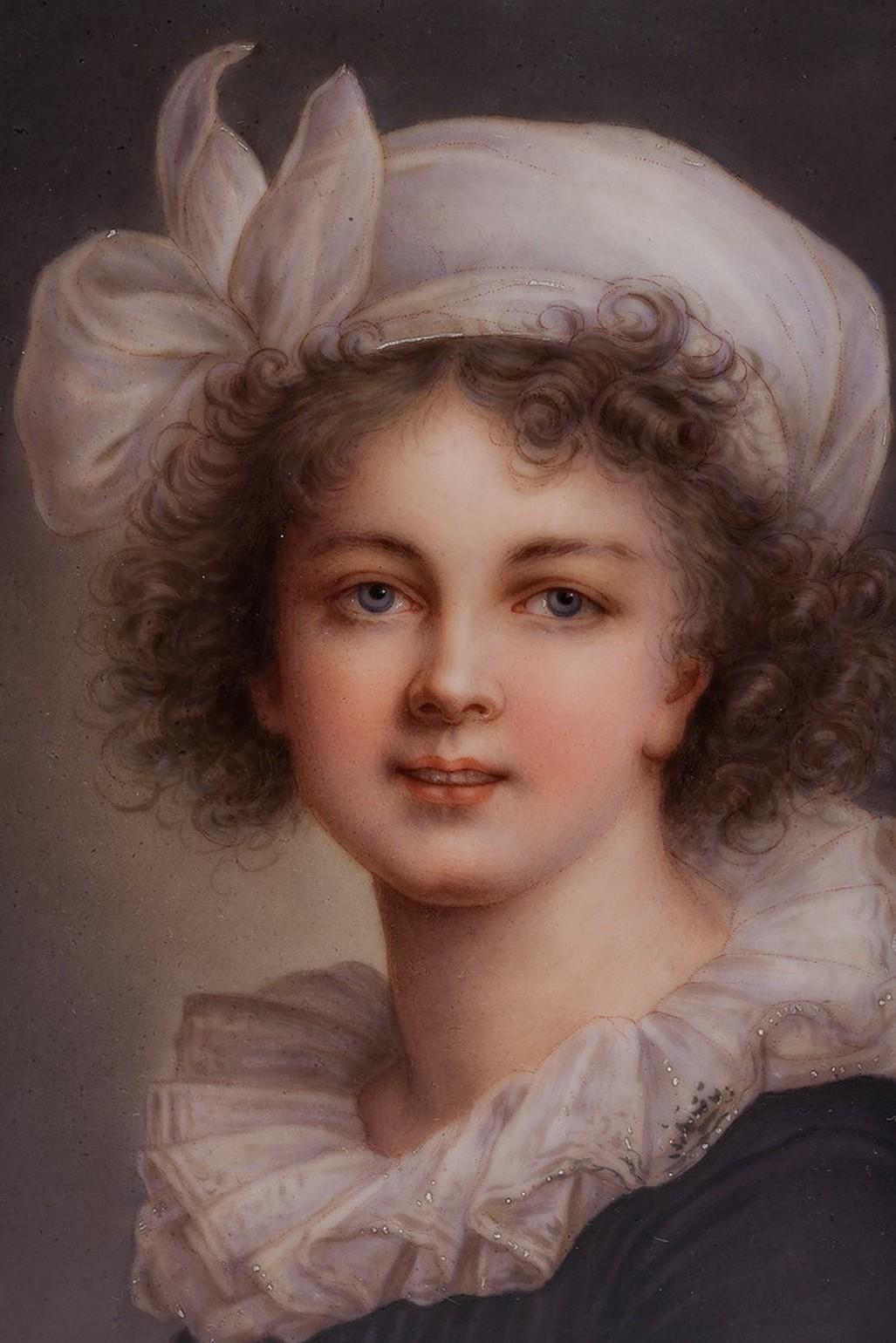 This beautiful portrait is painted on the porcelain plaque is museum quality. The plaque depicts a bust portrait of a young lady with a hat.

  