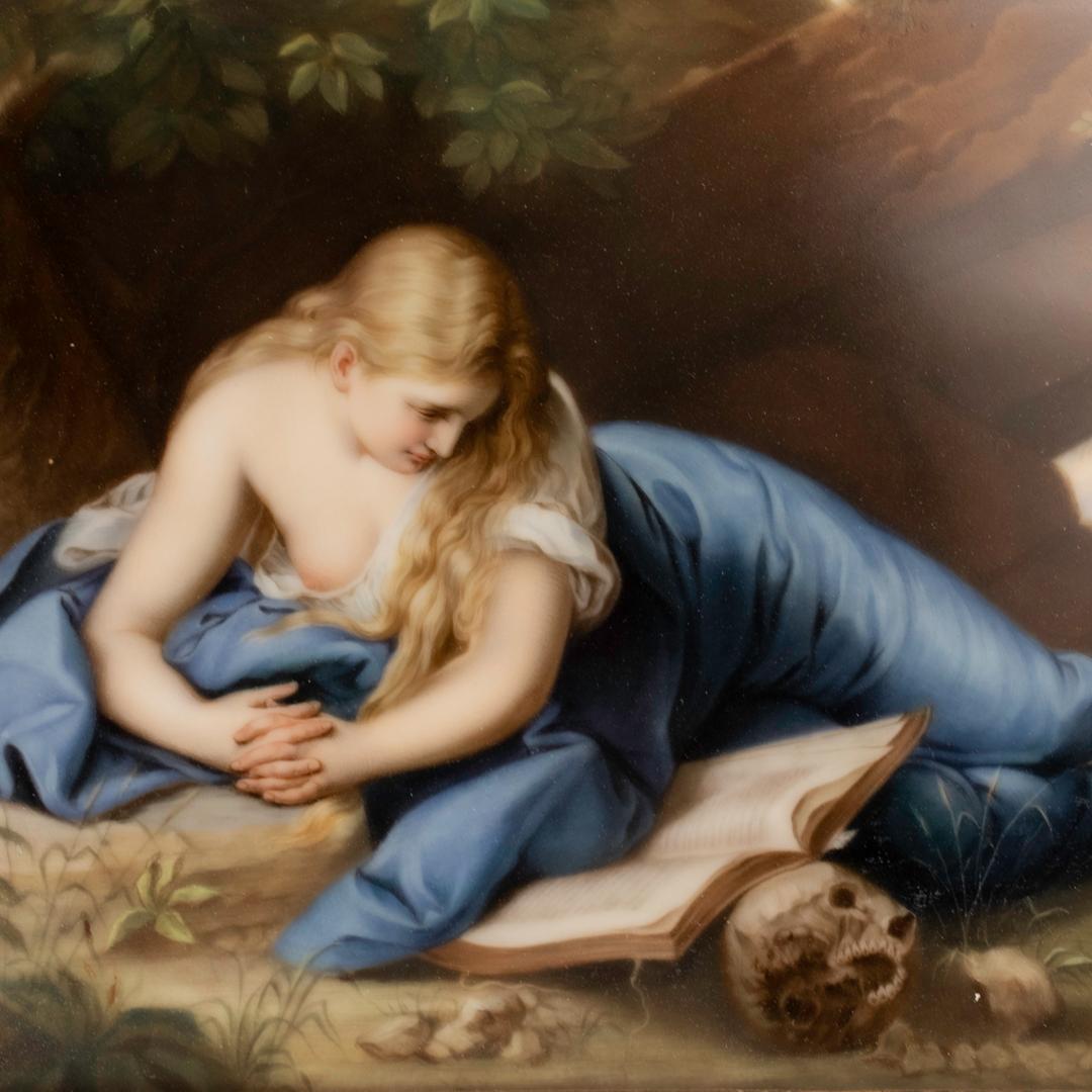 Rococo Antique Porcelain Plaque of the Reclining Mary Magdalene Reading after Batoni For Sale