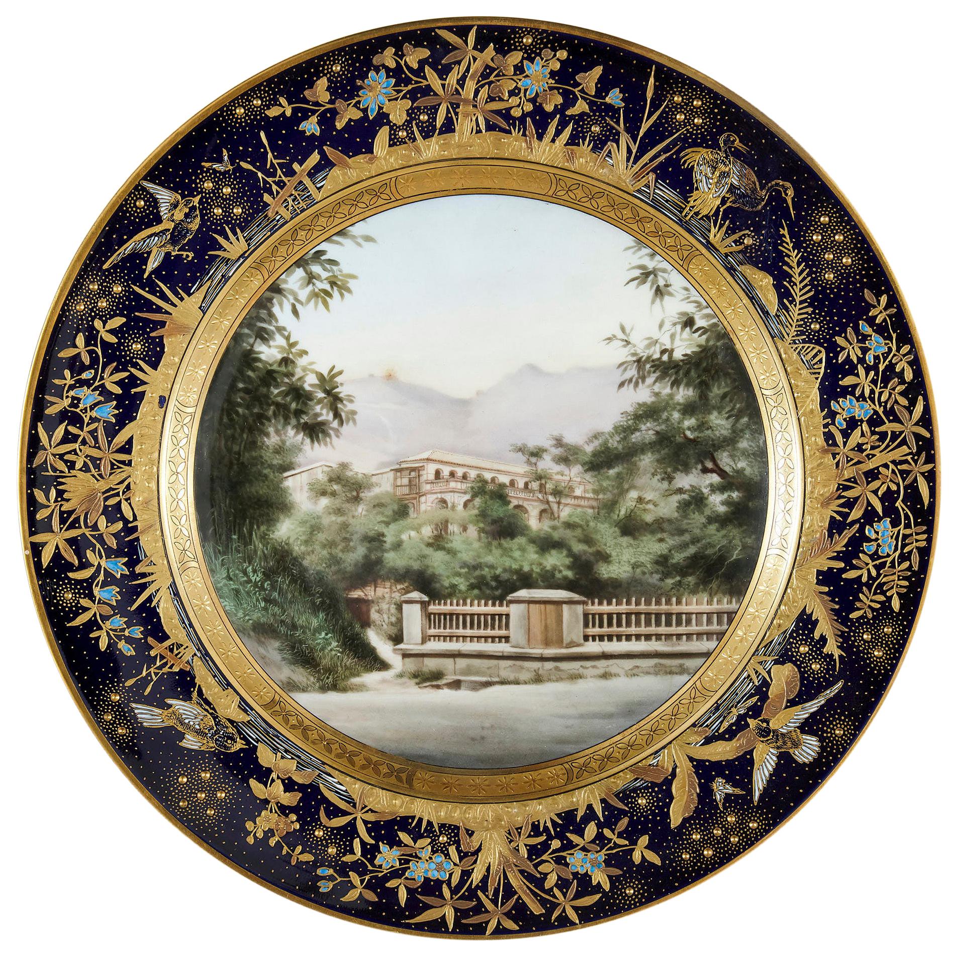 Antique Porcelain Plate by Ernst Wahliss Depicting the Racket Court, Hong Kong For Sale
